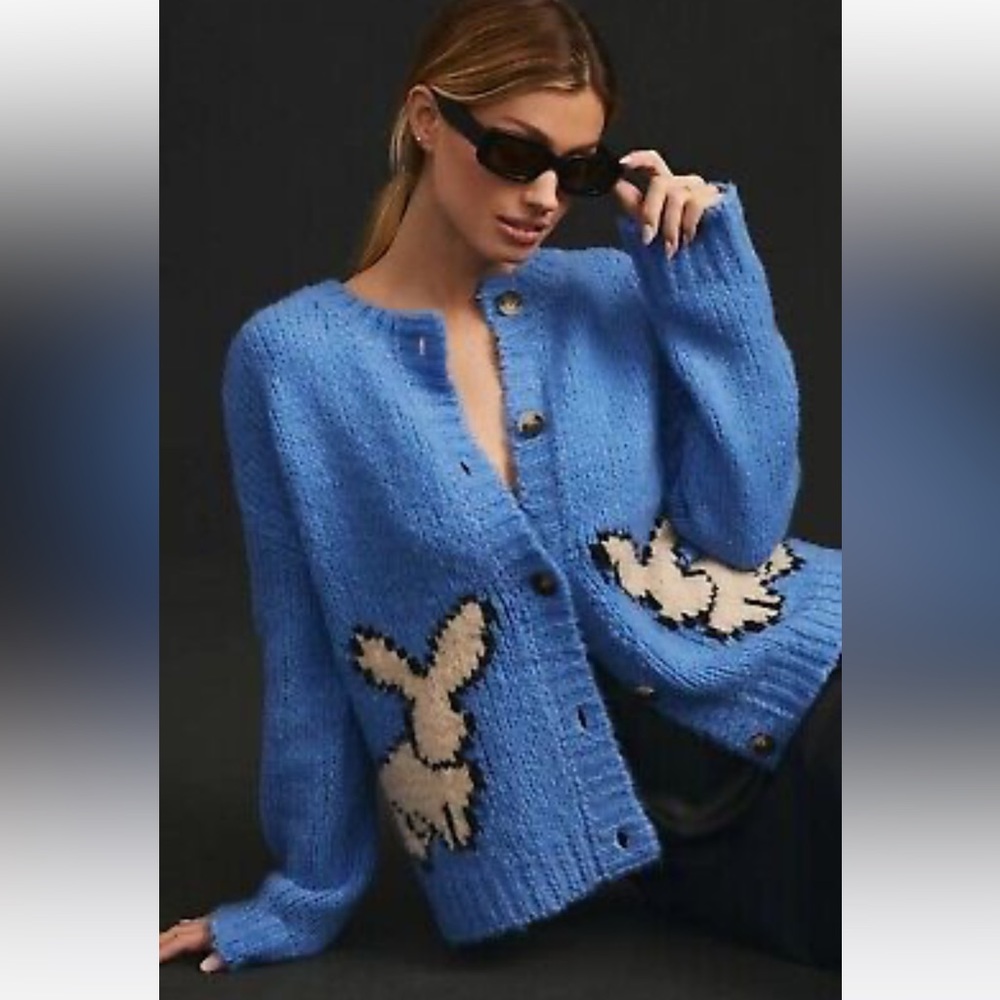 NEW ANTHROPOLOGIE MEAVE BLUE BUNNY CARDIGAN SIZE LARGE
